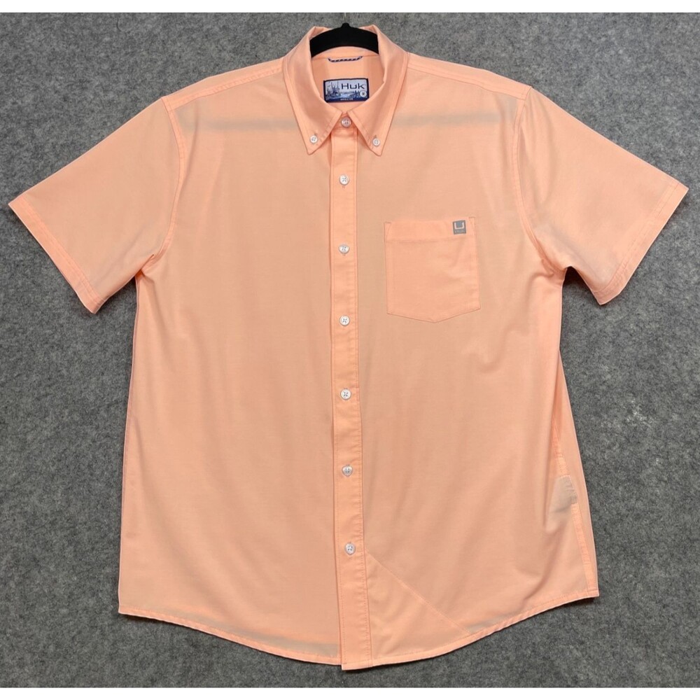 Huk Kona Performance Button Down Fishing Shirt Mens M Orange Short Sleeve